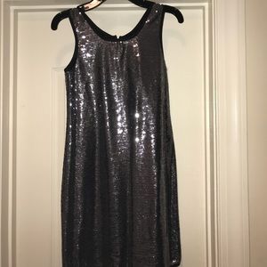 Silver Sequenced Dress w/ Black Velvet Cardigan
